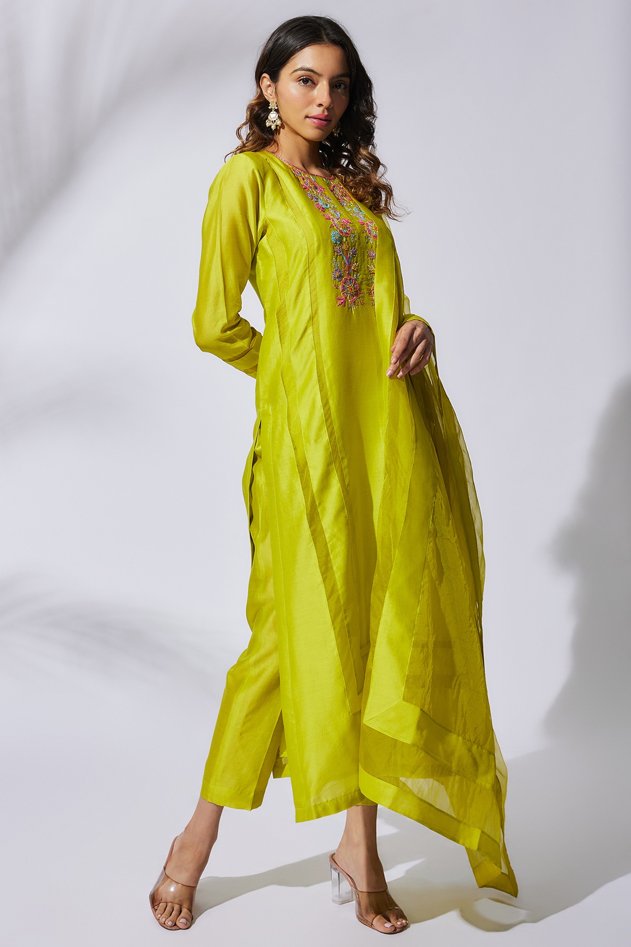 Buy Neon Green Floral Motif Suit Set - Meerahini